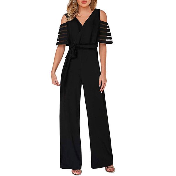 

women's high waist fashion with cold shoulders solid color wide leg jumpsuit overalls rompers womens jumpsuit combination new f4, Black;white