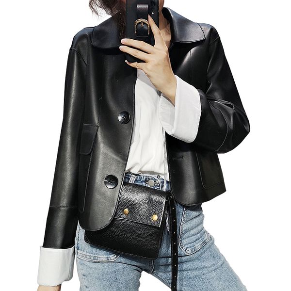 

women real leather jacket spring classic button coat autumn ladies genuine lambskin jacket, Black