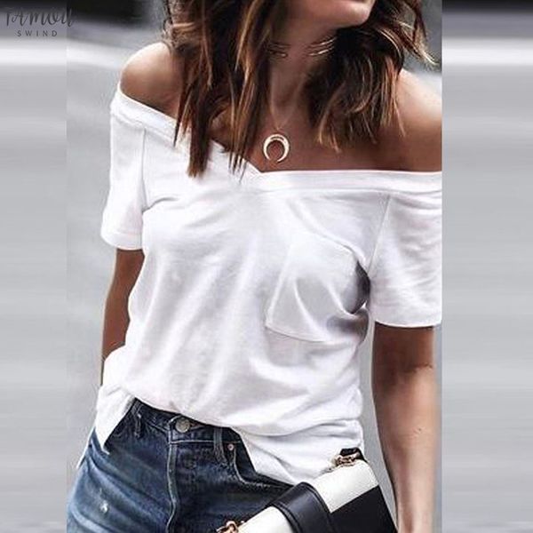 

women blouse 2020 summer slash neck pockets cold shoulder short sleeve shirt casual womens tunic and blouses blusas, White