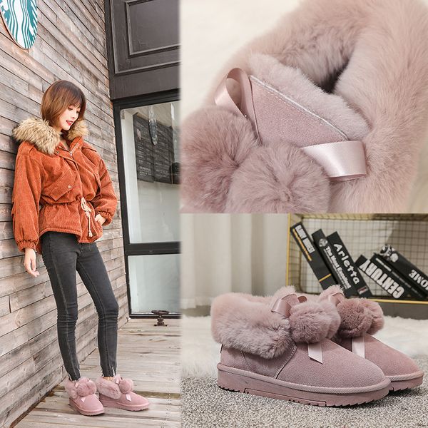 

lace up boots brand women's shoes round toe australia leather booties low heels booties boots-women fashion snow genuine flat, Black