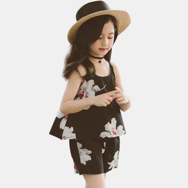 

подростковая одежда цветочный принт ремень жилет + шорты 2 штук одежда для девочек рукавов девочек повседневный летний костюм для, White