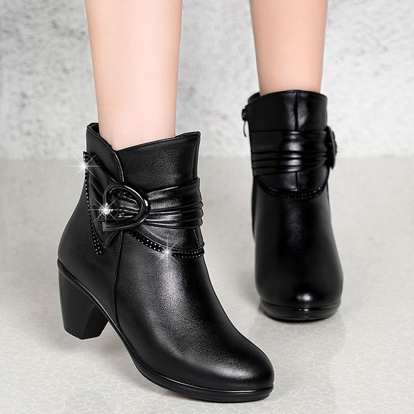 

shoes women's leather boots round toe booties ladies zipper boots-women luxury designer winter footwear rock med high heel 2019, Black