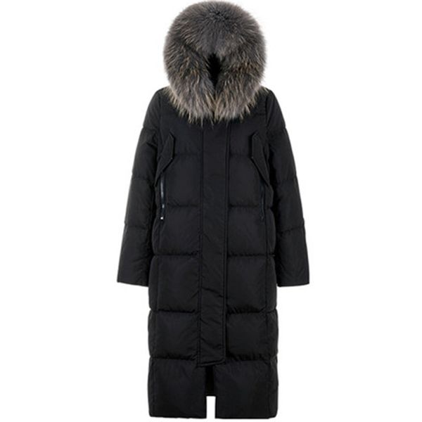

large real raccoon fur collar hooded down coat outerwear women medium long solid color thickening warm 2019 winter down jackets, Black
