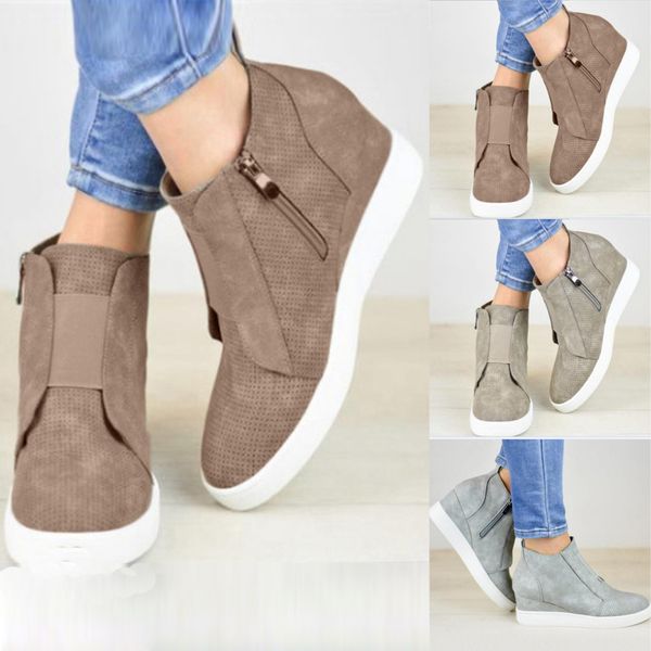 

womens flats wedges round toe non-slip comfortable walk casual shoe zipper boots, Black