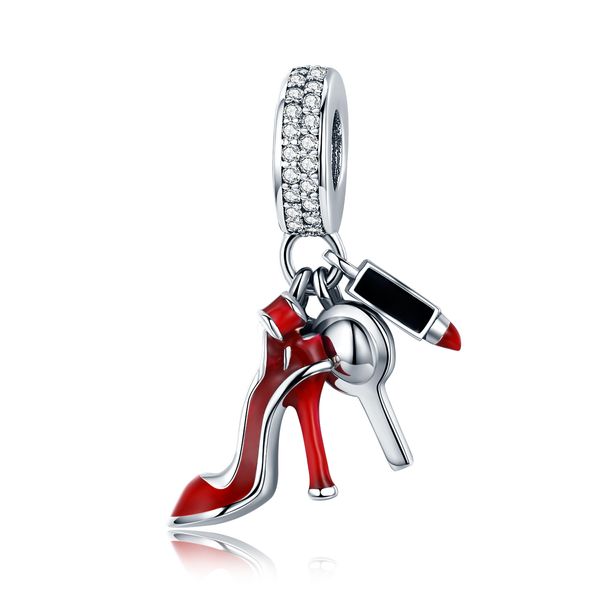 Lippenstift-Schuh-Charms für Armband, massives 925er-Sterlingsilber, Perlen-Anhänger, Pfau, DIY-Halskette, Schmuckzubehör