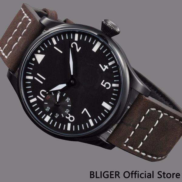 

classical 44mm sterile dial pvd coated watchcase men's watch leather strap luminous 17 jewels 6497 hand winding movement watch, Slivery;brown