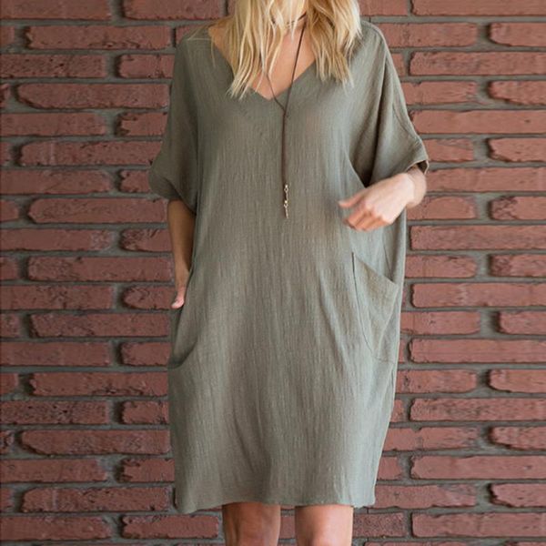 

casual dresses womens pocket loose summer dress ladies crew neck short sleeves cotton and linen party vestidos verano, Black;gray
