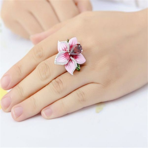

new fashion wedding band pink enamel cz zircon flower rings for women lovers gifts 925 sterling silver plated ring sj