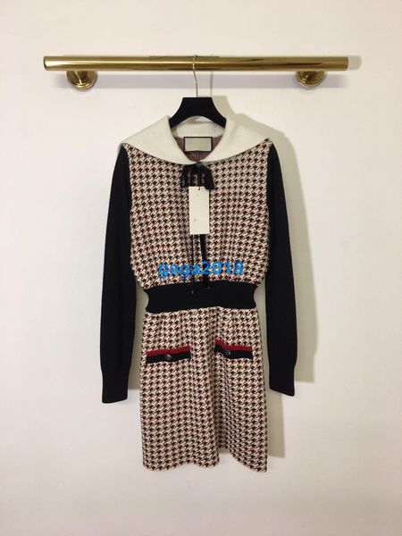 

high end женщины девушки вязать рубашку платье хаундстут шаблон однобортный матрос воротник с длинным рукавом трапеция юбка мода дизайн плат, Black