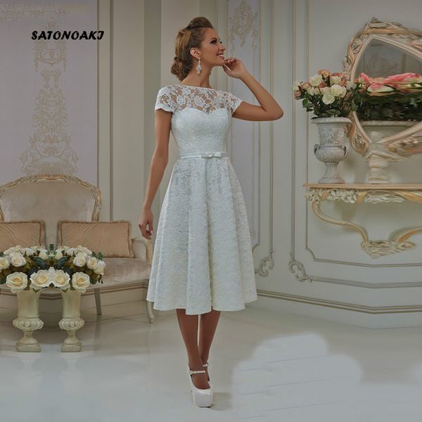 

satonoaki vestidos casamento 2020 короткое свадебное платье с короткими рукавами линия чай длина лук пояса кружева халат де марие ретро женщ, White