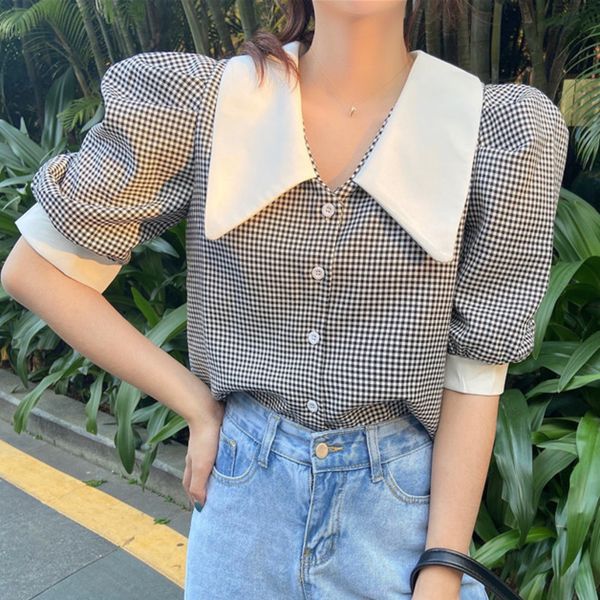 

korean vintage blusas mujer de moda 2020 summer clothes for women peter pan collar puff sleeve blouse plaid short shirt crop top, White