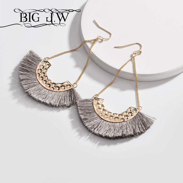 

big j.w bohemian gold color zinc alloy fan shape fringe tassel drop earrings with chain long earrings hanging korean fashion, Silver
