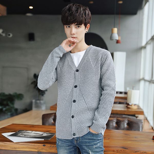 

korean style fashion men long sleeve cardigan sweater slim v-neck boys sweaters 2018 spring autumn thin men knit wear, White;black