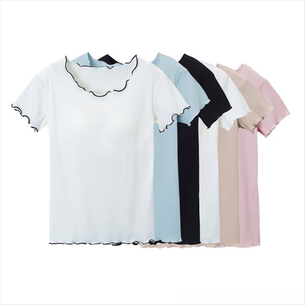 

lotus leaf t-shirt bra short sleeve blended wear-bra no steel ring with chest pad cup one-piece wooden ear t-shirt leisure base, White