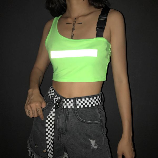 

women bag buckle reflective vest boob tube crop one shoulder t-shirt cami tank top, White