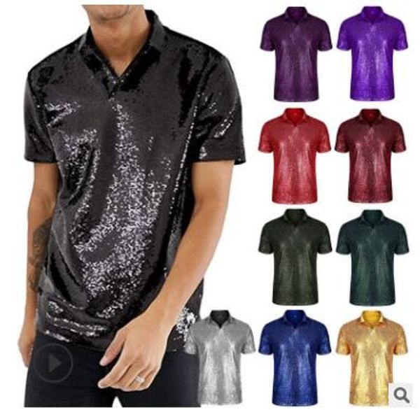 

2019 foreign trade european and american men's casual short sleeve fold up sequin polo shirt 10 color disco club party t-shirt top, White;black