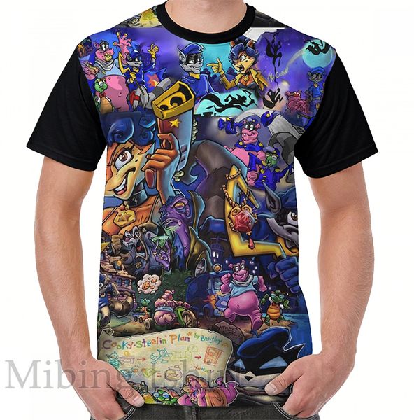 

funny print men t shirt women tee comic collage sly cooper graphic t-shirt o-neck short sleeve casual tshirts, White;black