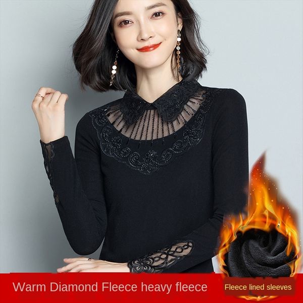 

long sleeve t- lapel slim size women's 2019 winter clothes plus velvet women's all-match warm cloth t-shirt mesh cloth mesh base s, White