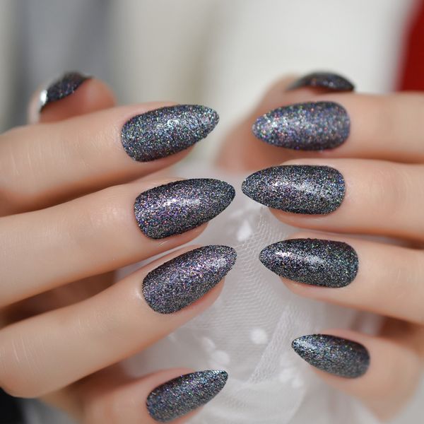 

glitter medium stiletto chameleon fake nails rainbow colorful powder holographic nails sequin full cover fingernails 24, Red;gold