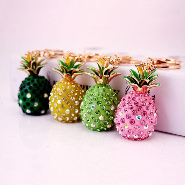 

3d pineapple shape key chain colorful rhinestone alloy fruit pendant metal lobster clasp keychain fashion car key ring keyring 3pcs/lot, Slivery;golden