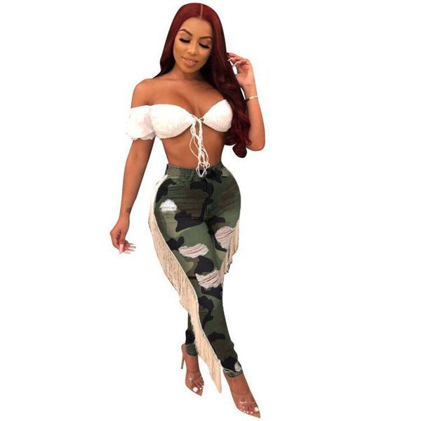 

echoine camo print plus size pencil pants women slim bodycon high waist elastic trousers fringe streetwear camouflage pants, Black