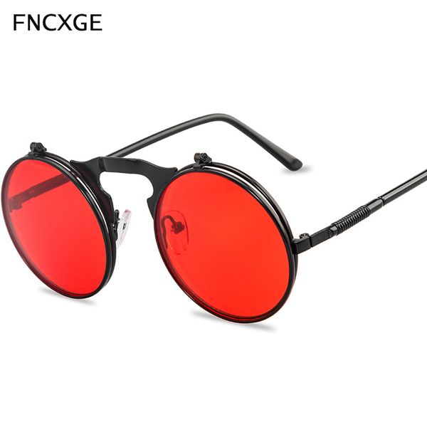 

vintage men sunglasses women retro punk steampunk flip up round sun glasses metal frame colorful lens uv400 eyewear, White;black