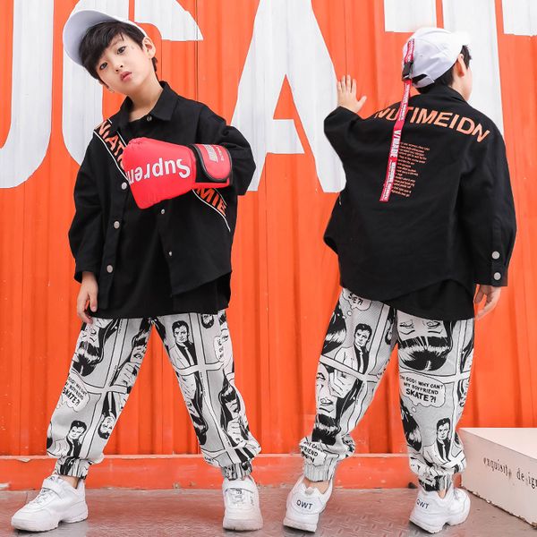 

girls boys hip hop clothing black coats denim jacket jogger pants t shirt jazz dance costume for kids ballroom dancing clothes, Black;red