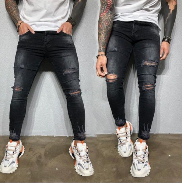 

mens designer pierced elastic small feet torn jeans stylish men, Blue