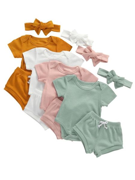 

summer 2020 cute baby girls 3pcs ribbed suit set solid color short sleeve romper+pants+headband 0-18m, White