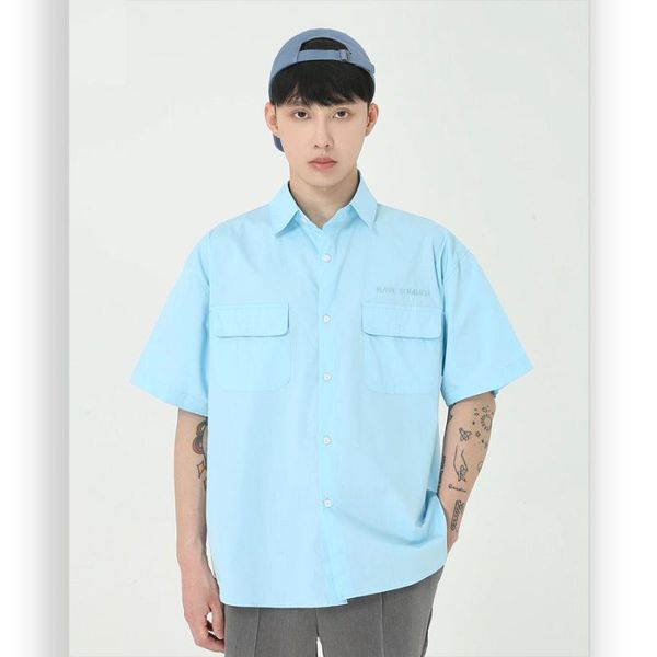 

men summer new short sleeve loose casual candy color shirt male streetwear youthful hip hop shirt, White;black