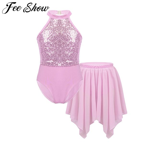 

sequins kids girls halter neck ballet dance gymnastics leotard with irregular hem chiffon skirt outfit set ballet dress, White