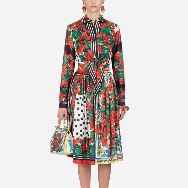 

2019 summer runway designer skirt suit women long sleeve flower print bow shirt dot crop pleated skirt two pieces blouse set, White