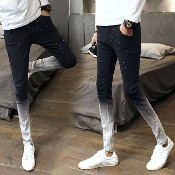 

новый роскошный дизайнер одежды мужские облегающие джинсы спрей краска точка печати мужские брюки молодежный студент личность градиент плотн, Blue