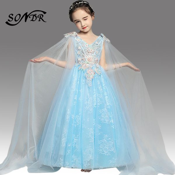 

sky blue flower girl dress ht145 элегантный v-образным вырезом аппликации детские бальные платья кружева шали платья девушки цветка для свад, Red;yellow