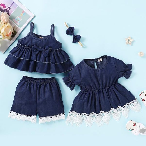 

summer toddler baby girls sleeveless ruffles suspender +lace shorts denim outfits set girls clothes kids clothes w10, White