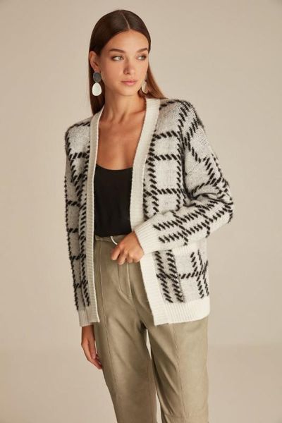 

joinus checkerboard knitted cardigan with pocket detail woman black and white, Black;brown
