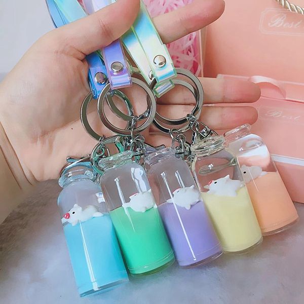 

creative dairy cow milk drinks keychain milk moving liquid keyrings decompression drift bottle jewelry kids gifts, Silver