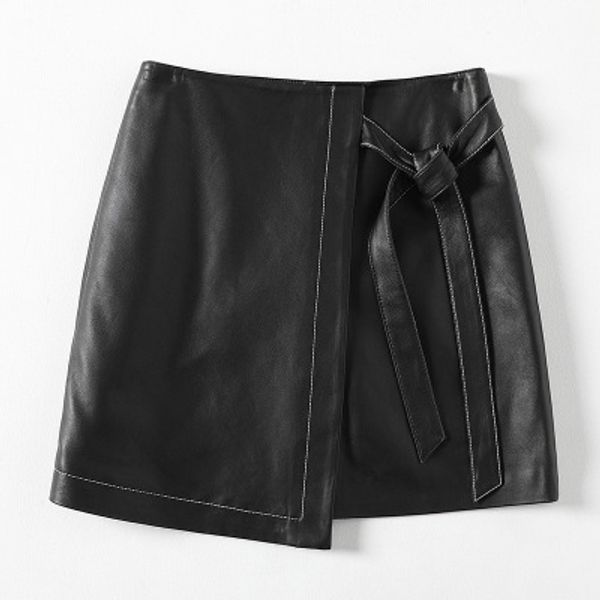 

2020 women spring genuine real sheep leather skirt h23, Black
