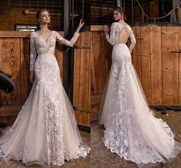 İnanılmaz Berta Gelinlik Boho Pahalı Dantel Şerit V Yaka Mermaid Gelin Parti Elbise Mermaid Stil Vestidos De Novia Gelinlikler