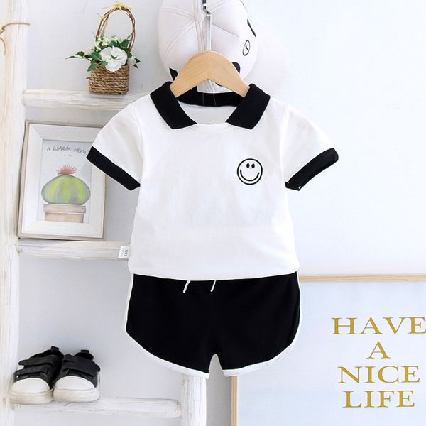 

baby boys girls summer kids clothes set face cartoon sport tracksuit cotton t-shirt shorts 2pcs outfit casual children clothing, White