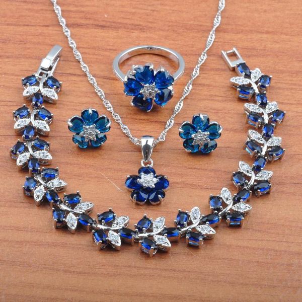 

925 sterling silver jewelry set birthday gift blue crystal for women earrings necklace pendant rings bracelet set js0540