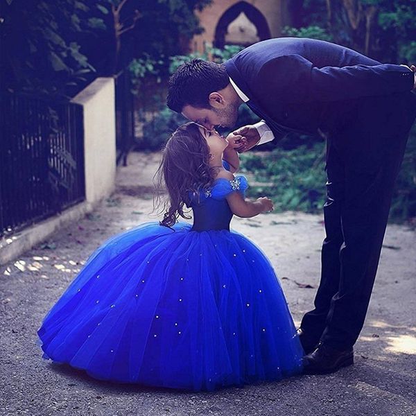 

new princess cinderella lovely flower girl dresses off shoulder royal blue for weddings litter girls pageant dress kids baby communion gowns, White;blue