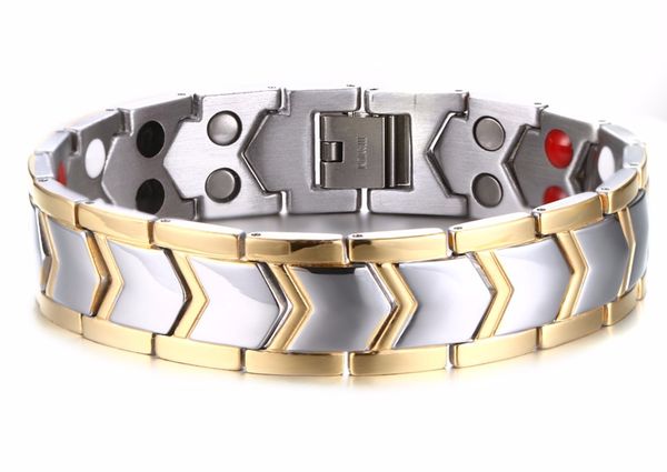 

fashion jewelry men bangles stainless steel with hematite magnet charm hologray bracelet punk gold-silver color 15mm wide, Golden;silver