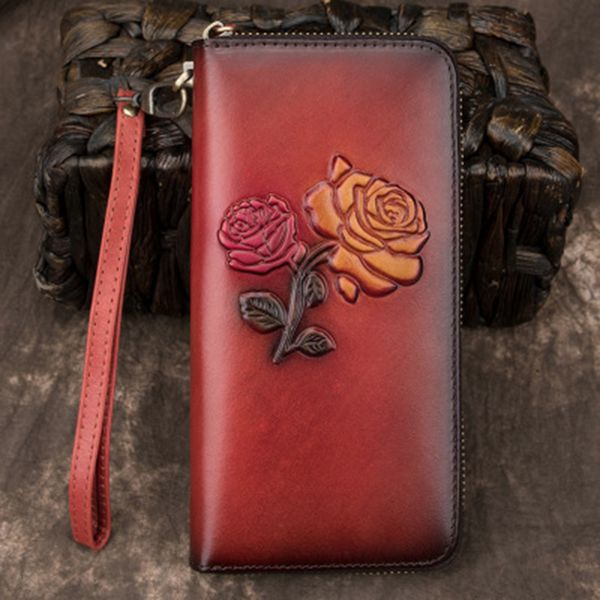 

genuine embossed leather wrist money bags female id s clips cash flower women clutch wallet zipper bag long purse, Red;black