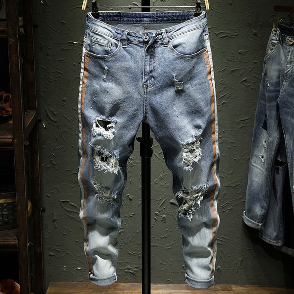 

diaooaid 2019 new men's jeans slim side stripes washed nine points jeans male streetwear hiphop personality hole denim trousers, Blue