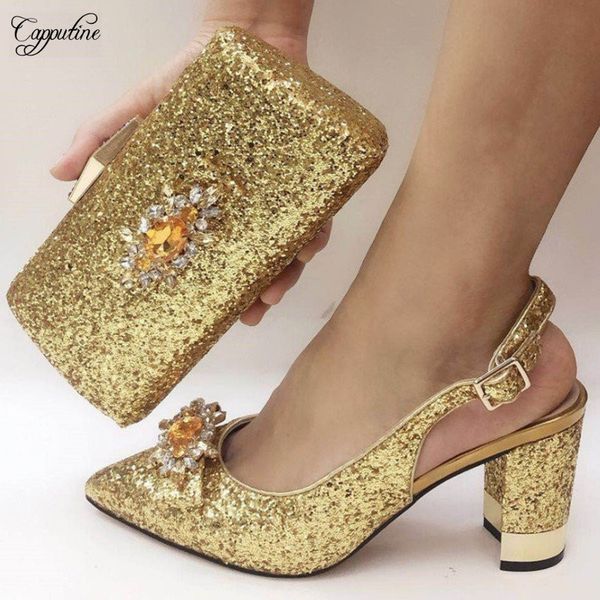 

high class wedding/party gold pointed toe sandal shoes and bag set nice party pumps with handbag 073-6 heel height 8cm, Black