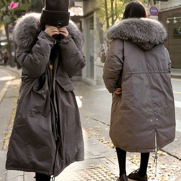 

volalo new high fashion women's x-long parka large real racoon fur hooded coat outwear natural color winter jacket, Black