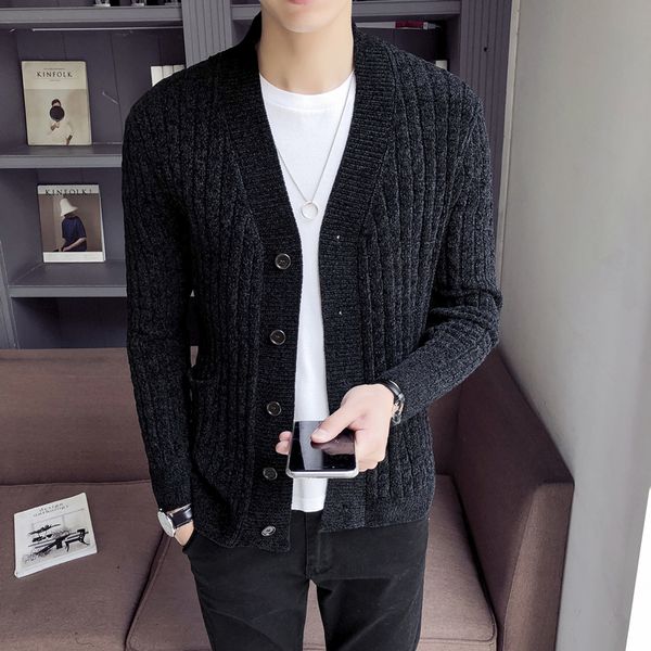 

winter new sweater men slim fashion solid color casual v-neck sweater man streetwear wild thick warm male clothes -2xl, White;black