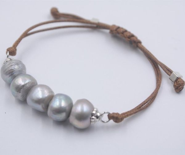 

11-12mm real natural freshwater pearl bracelets & bangles for women jewelry gift natural baroque adjustable cord beige cord, Golden;silver