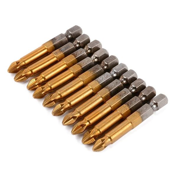

hho-10pcs 50mm ph2 1/4 inch hex shank magnetic cross head screwdriver bits titanium coated s2 steel power tools, gold gray